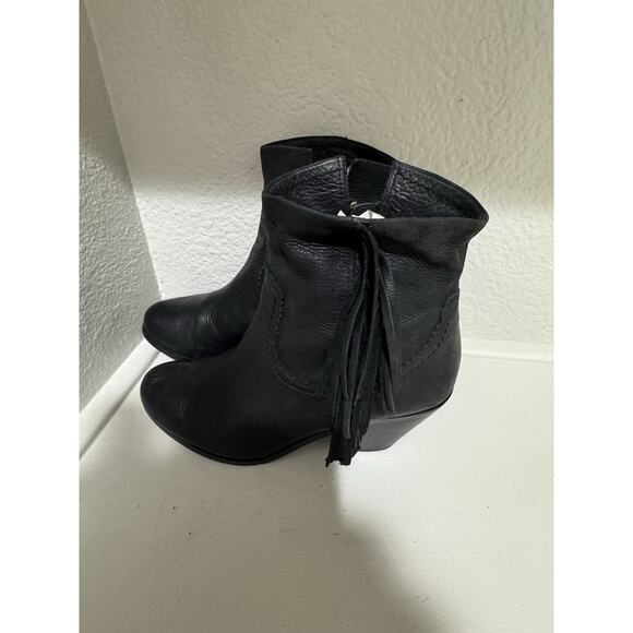 Black Leather Fringe Ankle Boots Booties Western Style - Picture 3 of 8